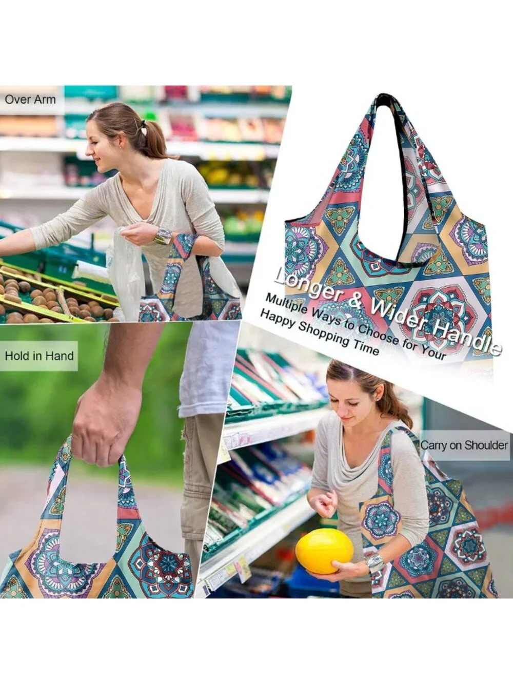Boho Geometric Reusable Grocery Bags - X-Large Foldable, Heavy Duty, 6 Pack